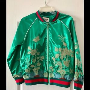 Embroidered green satin bomber jacket sz L new